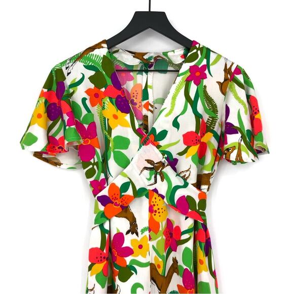 HANDMADE Tie Waist Antelope Mini Dress White Green S - Picture 2 of 13